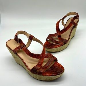 Via Spiga Orange & Brown Crocodile Embossed Leather Wedge Espadrille Sandals